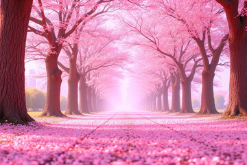 tree with pink flowers on the ground next to a body of water