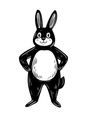 Fototapeta premium Charming black and white cartoon rabbit stands confidently with hands on hips in a playful and whimsical style