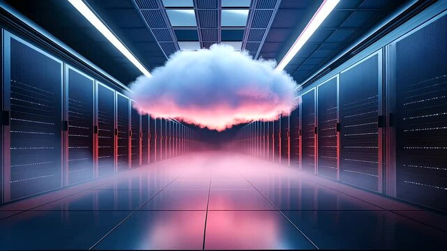 A dramatic image of a cloud materializing in the center of a server room, casting a soft light over the rows of servers, symbolizing digital transformation and the future of data m