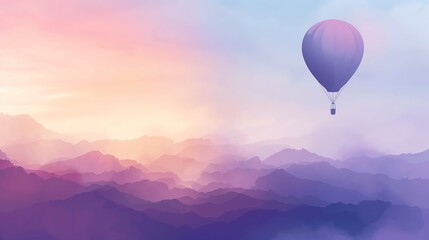 Obraz premium A hot air balloon floats peacefully over a dreamy landscape of purple and pink mountains.