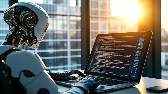 A futuristic robot sitting at a desk in a modern office, typing on a laptop with a glowing screen showing lines of code, with sunlight streaming in through large windows.