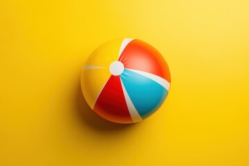Fototapeta premium A colorful striped beach ball rests on a yellow background