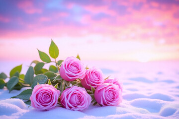 bunch of purple roses sitting on top of a snow covered field