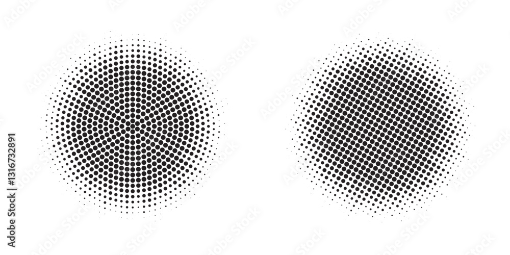 Poster Halftone circle frame background set. Round border Icon using halftone random circle. Grunge circular stain. Vector illustration.