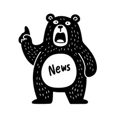 Fototapeta premium Cheerful bear mascot expressing urgency with news announcement in an engaging black and white vector design