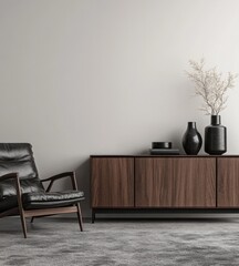 Modern living room with black leather armchair, walnut sideboard, and decor.