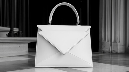 A white handbag with a structured design and a minimalist aesthetic.