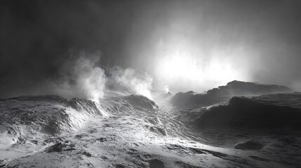 36. The surface of a volcanic moon, where rivers of lava and geysers shoot into the air beneath a smoky sky