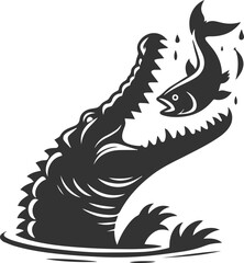Crocodile opening its mouth to catch a falling fish vector silhouette