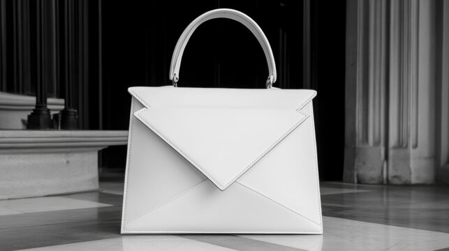 A white handbag with a structured design and a minimalist aesthetic.