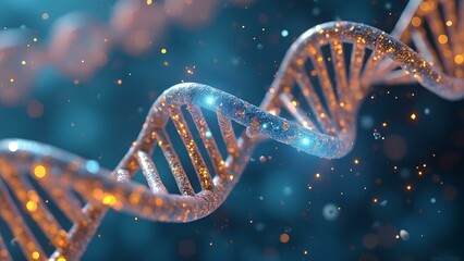 Close-Up of Glittery DNA Strand with Bright Glowing Particles on Blue Background