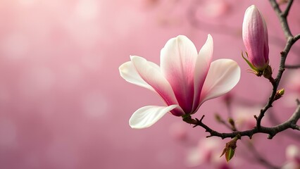 Obraz premium Elegant Pink and White Magnolia Flowers Blossoming Against a Vibrant Blurred Background
