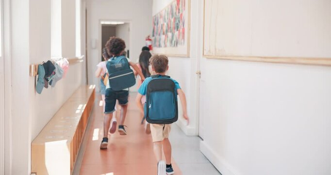 Education, back and running with kids at school for recess, growth and learning. Friends, knowledge and child development with group of students in hallway of academy for scholarship and classroom