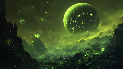 38. A bizarre planet with a green sky and glowing, bioluminescent plants scattered across the surface