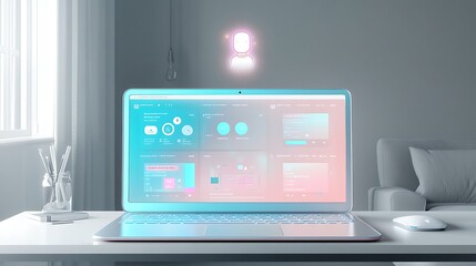 A dual-screen laptop with an adaptive futuristic UI, soft pastel pink and sky blue colors blending into a smart workflow dashboard, touch-responsive glass trackpad, glowing