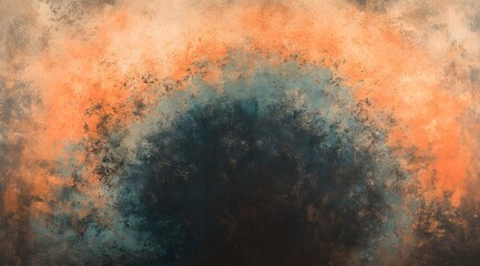 abstract texture with a soft yet grainy appearance, featuring a gradient blend of warm earthy tones like burnt orange and cool muted blues. The center should have a dark, dispersed texture that