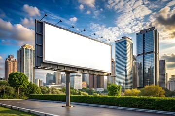 Obraz premium Blank Billboard Mockup Modern City Skyline, Urban Advertising, Roadside Banner
