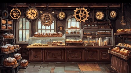 Fototapeta premium A vintage bakery displays baked goods with antique clockwork adornments