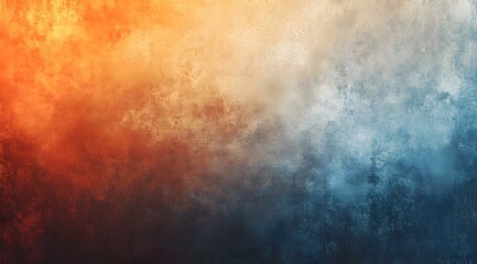 Fototapeta premium abstract texture with a soft yet grainy appearance, featuring a gradient blend of warm earthy tones like burnt orange and cool muted blues. The center should have a dark, dispersed texture that