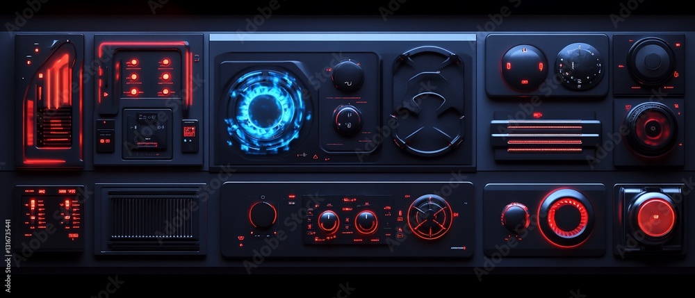 Poster futuristic control panel with glowing indicators and dials on a dark background