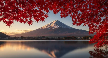  Mount Fuji Reflection in Lake Surrounded by Red Japanese Maple Leaves © abangaboy