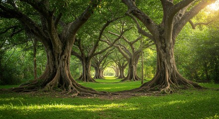 Walking through a Path of Large Trees with Sunlight in the Forest