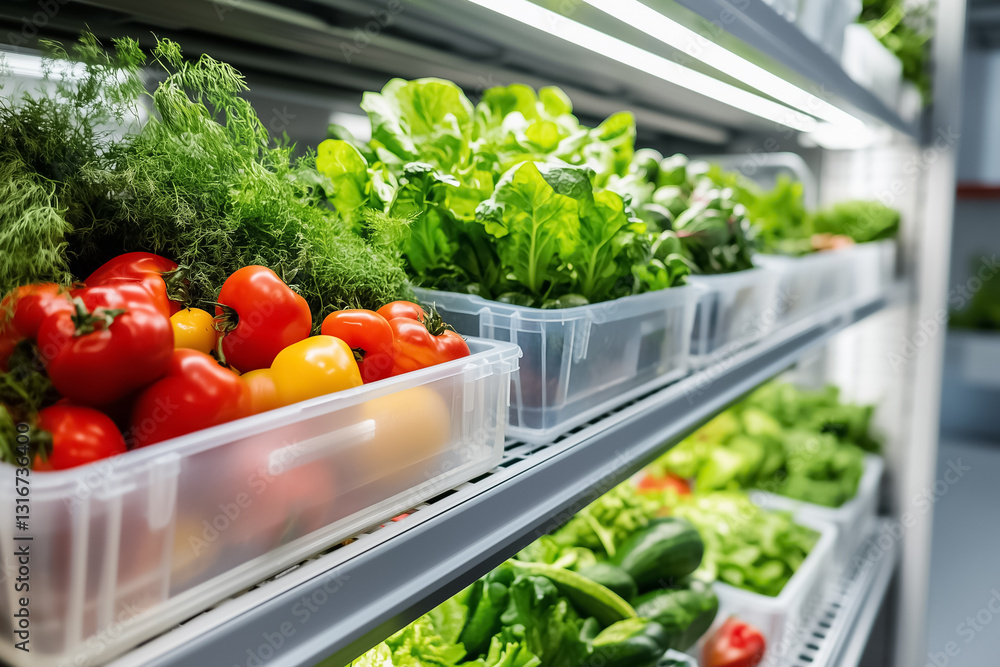 Poster crisp green lettuce and red tomatoes are neatly arranged in plastic crates on metallic shelves under