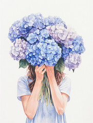 Hand drawn watercolor painting young woman hidden bouquet blue hydrangeas artistic floral portrait feminine mysterious artistic soft pastel aesthetic elegant botanical illustration vintage artwork