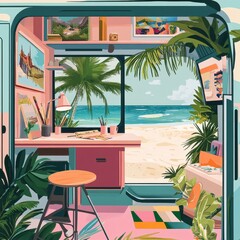 An artists creative space in a mobile home overlooking the ocean