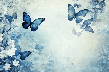 Delicate blue butterflies amongst vintage floral background