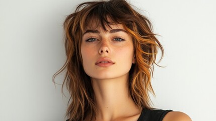 European Woman with Layered Wolf Cut Hairstyle in Studio Setting