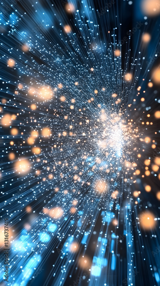 Poster A vibrant, abstract image depicting a burst of light and particles, creating a sense of depth and motion in a cosmic or digital theme