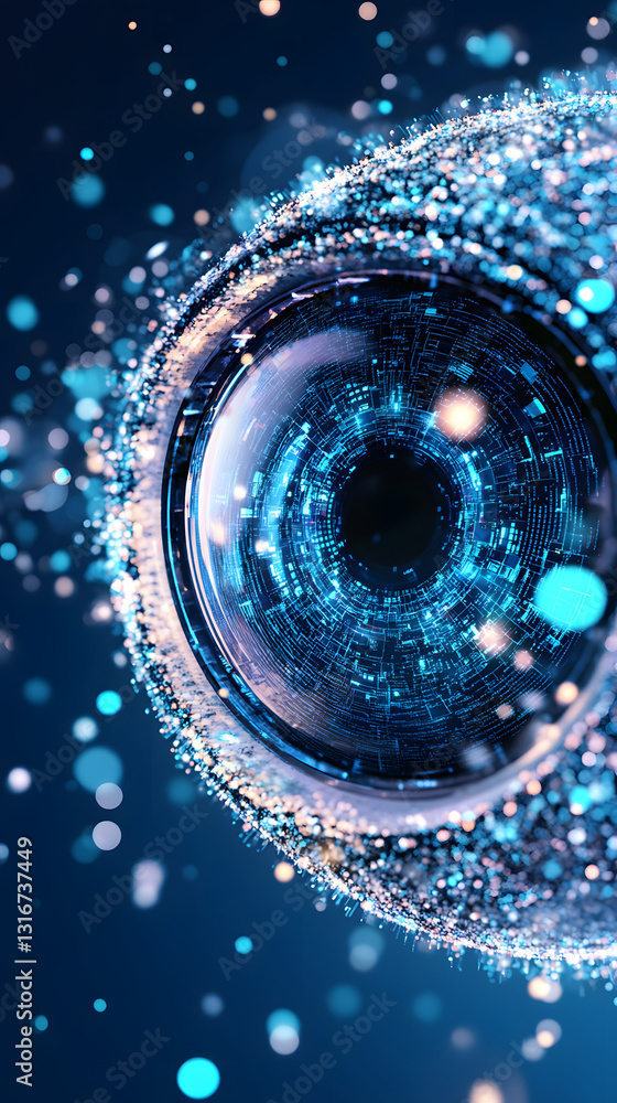 Poster A close-up view of a sparkling, blue orb with shimmering particles against a dark background, evoking a sense of depth and wonder