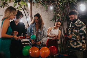 Friends enjoy a casual birthday party, conversing and celebrating together under ambient lighting.