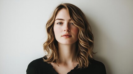 Naklejka premium European Woman with Wavy Hair and Side Part against Neutral Background