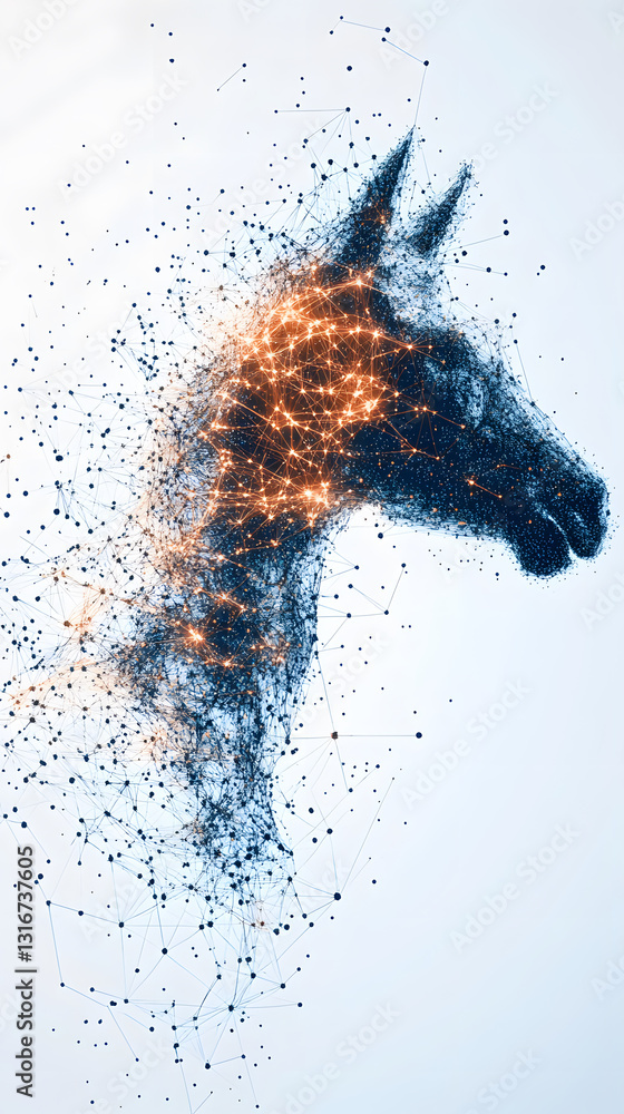 Poster A digital illustration of a horse's profile, composed of vibrant, swirling particles, creating a dynamic and artistic effect