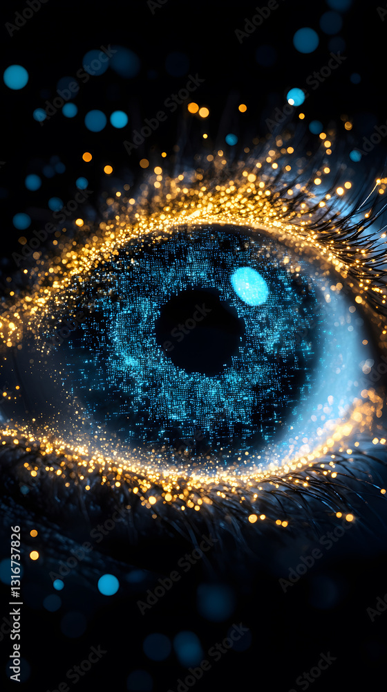 Poster A close-up view of a sparkling eye surrounded by a galaxy of shimmering lights, creating a mesmerizing visual effect