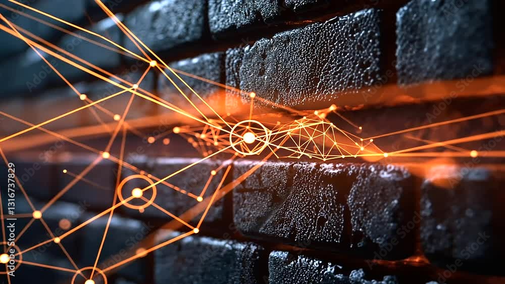 Poster a strong brick wall surrounded by a glowing web of interconnected data lines, with sparks of energy 