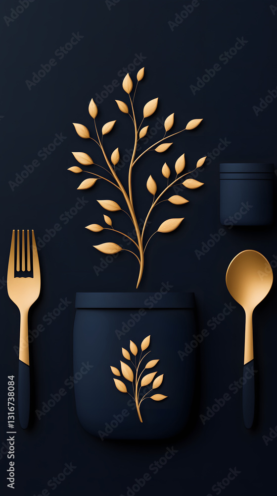 Poster A sleek black setting features elegant golden utensils and a jar adorned with a delicate leaf design, showcasing a modern aesthetic