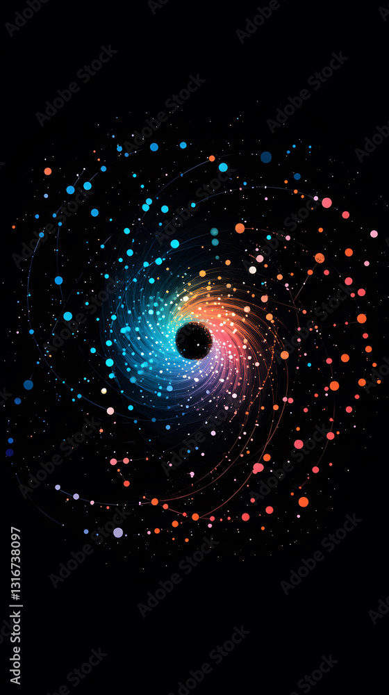 Poster a vibrant cosmic swirl of colorful stars and galaxies spiraling towards a dark center, creating a me