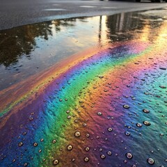 Colorful rainbow reflection in water puddle with droplets on the surface