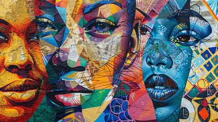 A vibrant and colorful graffiti art mural featuring multiple faces.