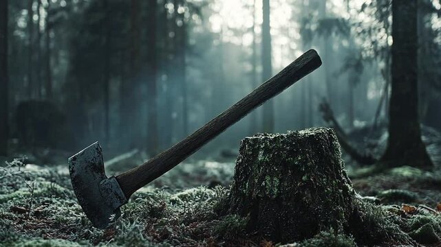 Axe in the Woods, Moody Forest Scene with an Axe Resting on a Tree Stump