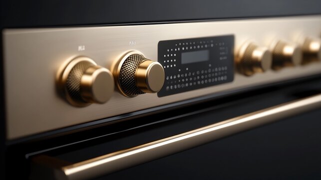 Gold oven knobs and display panel detail; elegant, luxurious design