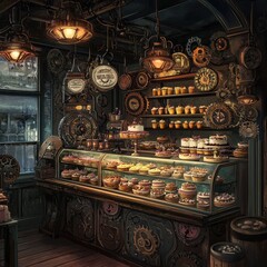 Obraz premium An ornate bakery displays many cakes and pastries artfully arranged