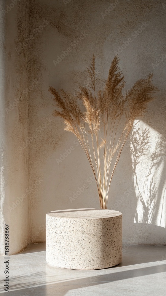 Poster a serene corner features a round stone table topped with elegant pampas grass, creating a harmonious