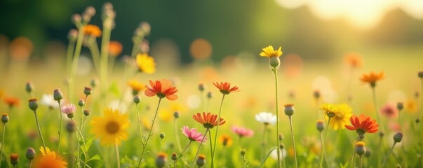Wildflowers swaying gently in the warm breeze, meadow, wind, flowers