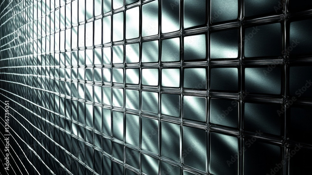 Poster Squares of textured glass create a visually captivating pattern, reflecting and refracting soft evening light, enhancing the mood of a modern architectural space as day transitions to night