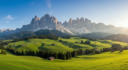 Fototapeta premium Scenic Mountain Landscape with Green Fields and Small Huts in Valley