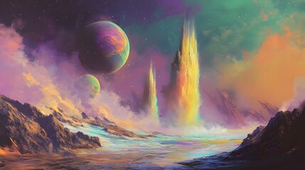 55. A distant planet with enormous, multicolored geysers erupting into the sky, sending clouds of vapor into space